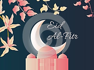 Islamic Eid al-Fitr festival greeting card, Night scene of moon, mosque and leaves