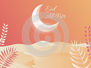 Islamic Eid al-Fitr festival greeting card, Night scene of shining moon, desert and leaves