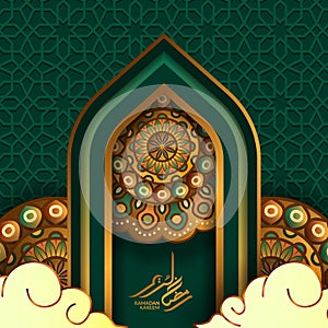 Islamic event greeting card template. Illustration of gate door mosque with circle round mandala, ramadan kareem golden