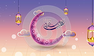 Islamic festival of Eid Sayeed celebration banner or poster design with beautiful crescent moon, clouds and hanging lanterns on