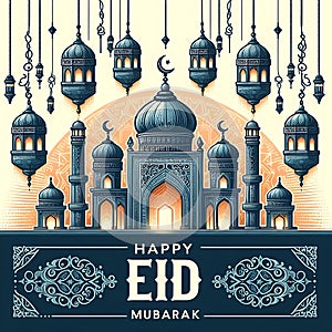 Islamic festival mosque eid mubarak islamic greeting card background