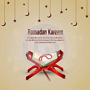Islamic festival ramadan kareem celebration greeting card with holy book quraan