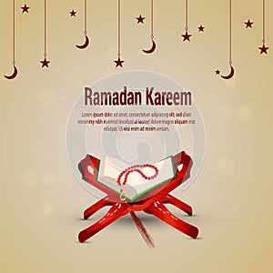 Islamic festival ramadan kareem celebration greeting card with holy book quraan photo