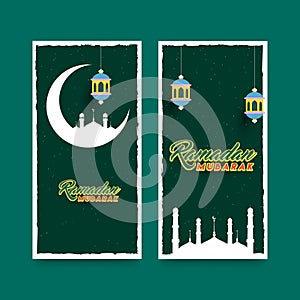 Islamic Festival of Ramadan Mubarak Template or Standee Banner Design with Crescent Moon, Mosque and Hanging Lantern on Green