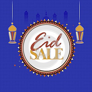 Islamic Festival Sale Poster Design with Eid Mubarak Message Mandala Frame, Silhouette Mosque and Hanging Lantern on Violet