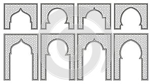 Islamic frame with arch and ornament. Ramadan gate on geometric background for wedding invitation design. Vector photo