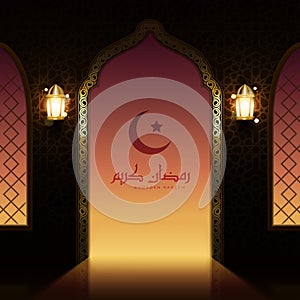 Islamic greeting card illustration with interior mosque door, sunset light, and Arabic calligraphy