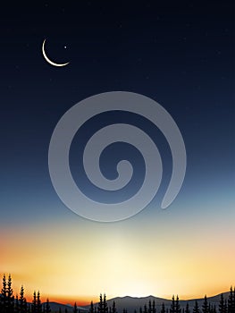 Islamic greeting Ramadan Kareem card design background with Crescent moon on colourful sunset sky background,Vector religions