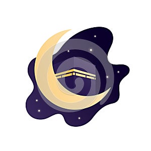 Islamic hajj piligrimage concept. Vector flat illustration. Kaaba holy site and gold crescent on night sky background. Design