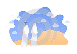 Islamic hajj piligrimage concept. Vector flat person illustration. Man and woman in white pilgrim cloth near Arafat mountain.