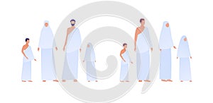 Islamic hajj piligrimage concept. Vector flat person illustration set. Collection of men and women with kids in pilgrim cloth.