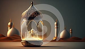 Islamic holiday Ramadan kareem event background, decorate with Arabic lantern, moon, crescent, and mosque dome, festive greeting