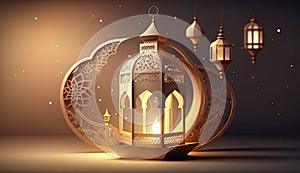 Islamic holiday Ramadan kareem event background, decorate with Arabic lantern, moon, crescent, and mosque dome, festive greeting