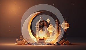 Islamic holiday Ramadan kareem event background, decorate with Arabic lantern, moon, crescent, and mosque dome, festive greeting