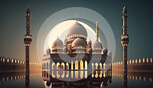 Islamic holiday Ramadan kareem event background, decorate with Arabic lantern, moon, crescent, and mosque dome, festive greeting