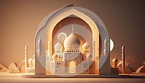 Islamic holiday Ramadan kareem event background, decorate with Arabic lantern, moon, crescent, and mosque dome, festive greeting