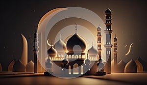 Islamic holiday Ramadan kareem event background, decorate with Arabic lantern, moon, crescent, and mosque dome, festive greeting