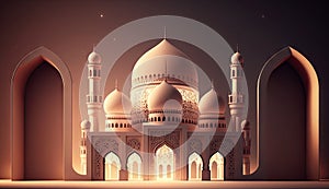 Islamic holiday Ramadan kareem event background, decorate with Arabic lantern, moon, crescent, and mosque dome, festive greeting