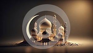 Islamic holiday Ramadan kareem event background, decorate with Arabic lantern, moon, crescent, and mosque dome, festive greeting