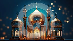 Islamic holiday Ramadan kareem event background, decorate with Arabic lantern, moon, crescent, and mosque dome. Generative AI