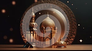 Islamic holiday Ramadan kareem event background, decorate with Arabic lantern, moon, crescent, and mosque dome. Generative AI