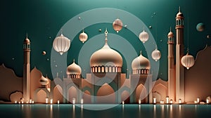 Islamic holiday Ramadan kareem event background, decorate with Arabic lantern, moon, crescent, and mosque dome. Generative AI