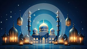 Islamic holiday Ramadan kareem event background, decorate with Arabic lantern, moon, crescent, and mosque dome. Generative AI