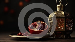 Islamic holidays. Oriental lantern and pomegranate fruits. Ramadan decoration. Generative AI