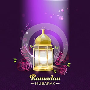 Islamic Holy Month of Ramadan Kareem Card Design with Golden Arabic Lantern, Crescent Moon and Rose Flower on Light Effect