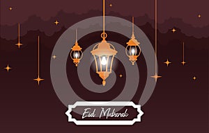 Islamic Illustration of Happy Eid Mubarak with Lantern Stars Cloud Decoration photo