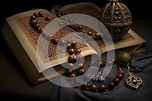Islamic Koran book and rosary for prayer on brown table, Ramadan, Generative AI 2