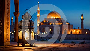 Islamic lantern with a blurred mosque background for Eid Al Fitr and Eid Al Adha photo