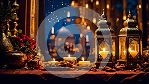 Islamic lantern with a blurred mosque background for Eid Al Fitr and Eid Al Adha photo