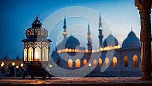 Islamic lantern with a blurred mosque background for Eid Al Fitr and Eid Al Adha