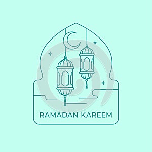Islamic lantern lamp on mosque window ornament vector illustration badge design for ramadan and eid fitr template