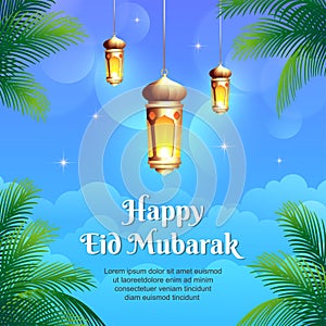 Islamic lantern ramadan kareem banner with blue sky and palm trees illustration