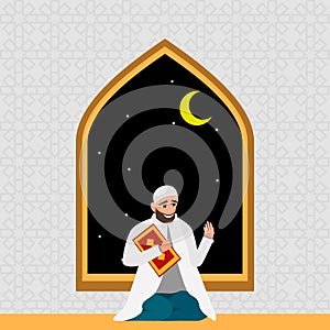 Islamic man in white robe with karan at night