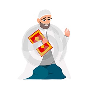 Islamic man in a white robe with karan pray