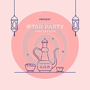 Islamic middle east meal feast with lantern lamp monoline vector illustration for iftar party ramadan break fasting template