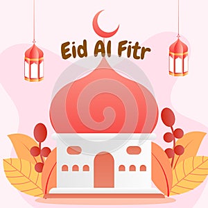 Islamic mosque building flat vector illustration decorated with fanoos lantern and leaves for eid festival celebration. Trendy