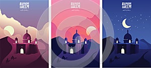 Islamic mosque in the desert sand at sunrise, sunset and night. Ramadan kareem greeting banners set template vector illustration