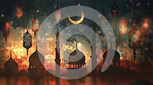 Islamic mosque silhouette with glowing lanterns and crescent moon at sunset, Ramadan night scene photo