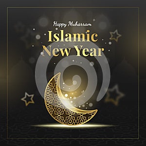 Islamic New Year, Happy Muharram banner black background with gold moon and star illustration gradient Premium Vector