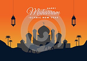 Islamic new year, happy muharram festival greeting card background with black lanterns, big mosque and camel on late afternoon