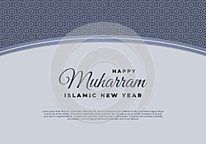 Islamic new year, happy muharram festival greeting card background. With blue islamic ornaments and black lettering on calm color