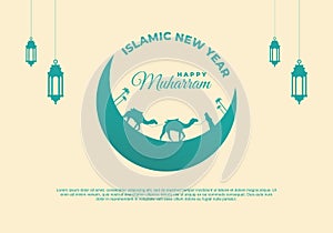 Islamic new year, happy muharram festival greeting card background with green lanterns, man camel on bright color