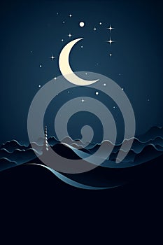 islamic night sky with crescent moon and stars vector illustration