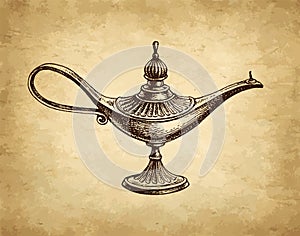 Islamic oil lamp etching illustration.
