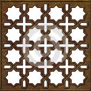 Islamic ornament mashrabiya panel. Wall screen Islamic traditional motif, 3d bronze grill. illustration photo