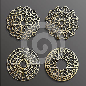 Islamic ornament vector , persian motiff . 3d ramadan round pattern elements . Geometric logo template set. Circular